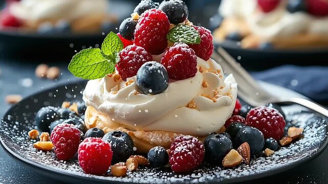 Delicious dessert with whipped cream fresh raspberries blueberries and mint leaves beautifully garnished with nuts