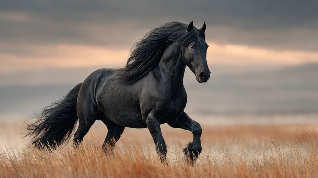 Majestic black horse galloping through golden grasslands at sunset