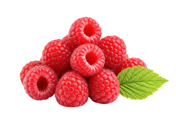 A small pile of vibrant red raspberries with a crisp green leaf on a transparent background, soft diffused studio light, ample copy space, pristine natural beauty concept