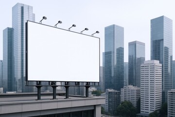 Obraz premium Blank Billboard Mockup on City Building Rooftop Against Urban Skyline for Advertising