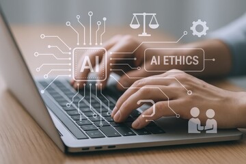AI Ethics in Technology: Hands Typing on Laptop with Ethical Considerations Overlay