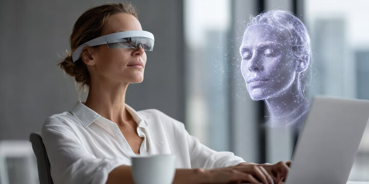 Woman wearing AR headset interacting with serene holographic face beside laptop