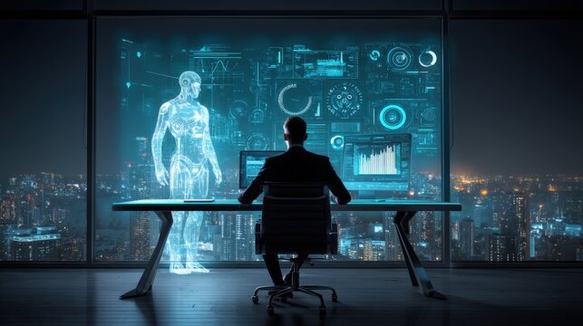 Futuristic Doctor Analyzing Holographic Human Body Scan in Modern Office with City View - Powered by Adobe
