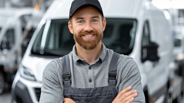 A smiling male worker wearing a cap and uniform stands with his arms crossed in a workshop. A white van is blurred in the background.