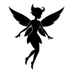 Black silhouette of a fairy with wings and a dress flying