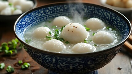 Steaming bowl of Chinese yuanxiao, traditional sweet rice balls for Lantern Festival, black sesame dessert, warm lighting