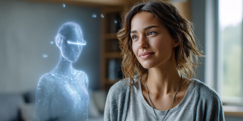 Smiling woman with minimalist holographic AI companion at home, friendly technology