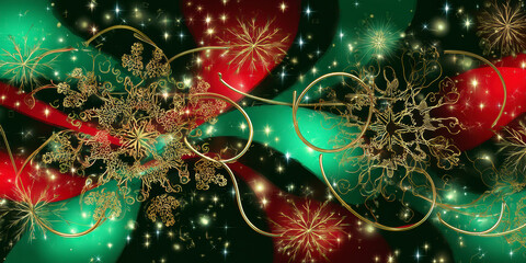 Golden snowflakes and glitter on red and green festive holiday abstract background