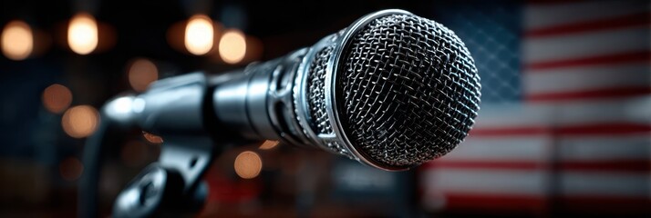 Close-up of a microphone in front of an American flag during a live performance at a local venue in the evening