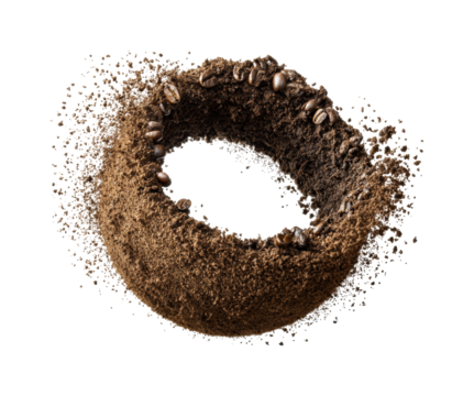 Coffee grounds circular formation creative concept isolated on transparent background, png