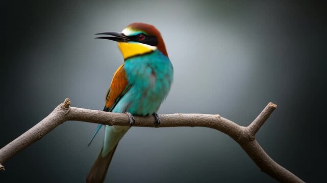 Vibrant European Bee Eater Perched on a Branch Displaying Colorful Plumage Against a Soft Gray Background in Natural Outdoor Setting