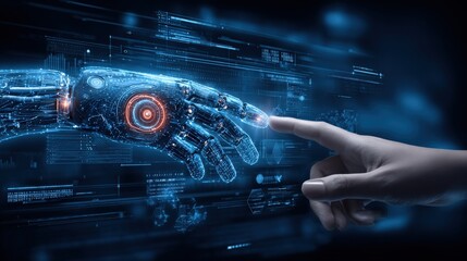 Human Hand Interacting with Robotic Arm Depicting Artificial Intelligence and Future Technology Concept