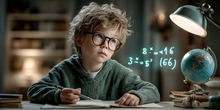 Boy in glasses solving exponent math homework under desk lamp, glowing equations