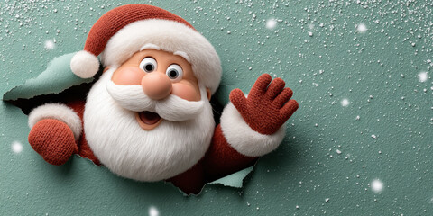 Cheerful Santa bursting through torn paper with snow, waving a festive greeting