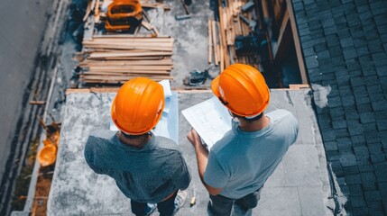Construction Workers Reviewing Blueprints on Site: Planning, Safety Compliance, and Collaboration on a Rooftop