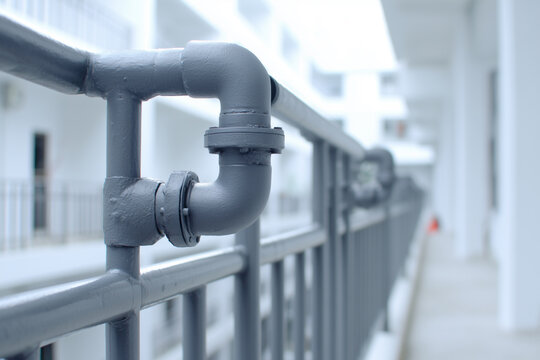 Industrial balcony safety railing with exposed iron pipes and bolted connections, sturdy and functional style