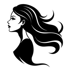 A black and white illustration of a woman with long flowing hair