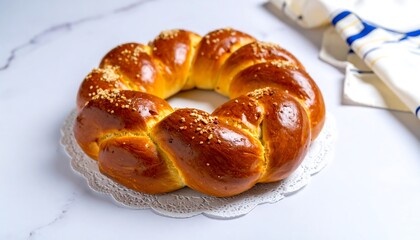 A golden-brown braided bread, beautifully arranged on a delicate white lace doily, displayed against a white marble surface.