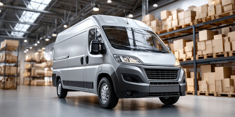 Modern cargo delivery van parked inside large warehouse with shelves and boxes
