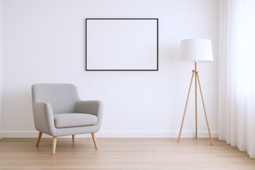 Minimalist Interior with Empty Frame, Armchair, and Lamp for Mockup Display in a Bright Room