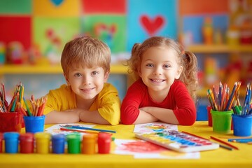 Fototapeta premium Two Happy Children Enjoying Painting and Drawing Activities in Colorful Classroom, Expressing Creativity and Joy