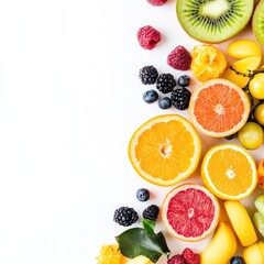 Colorful fruit slices and berries arranged on white background