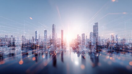 Futuristic Cityscape with Digital Network Overlay, Abstract Urban Technology and Innovation Concept