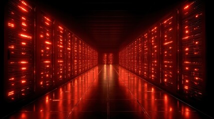 Server Room in Red Light: Data Center Architecture with Rows of Operating Rack Servers