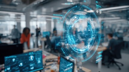 Futuristic Technology Interface Displayed in Modern Office with Diverse Team Working, Showing Progress and Data