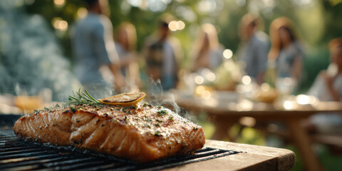 Grilled salmon fillet with lemon on barbecue at backyard party gathering