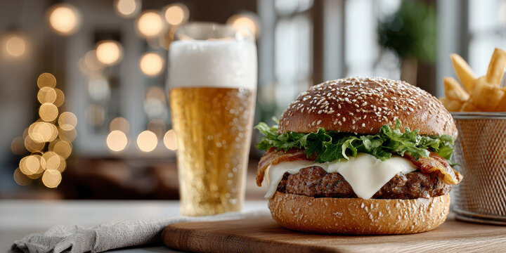 Gourmet bacon burger with melted cheese, craft beer pint and french fries