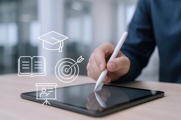 Digital Education Concept: Hand Using Stylus on Tablet with Education Icons Overlayed for Online Learning