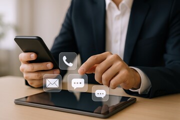 Businessman using smartphone with communication icons, representing modern connectivity and digital interaction in a professional context