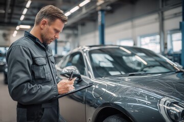 Mechanic Inspecting Car and Taking Notes on a Clipboard in a Garage Workshop Environment