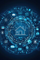Futuristic digital interface with glowing icons and central house symbol