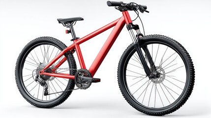 Fototapeta premium Vibrant Red Mountain Bike Isolated on White Background, Perfect for Active Lifestyle and Outdoor Adventure Imagery