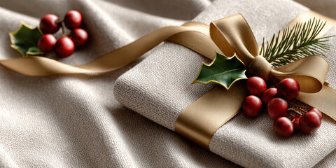 Elegant Christmas gift with gold ribbon, holly leaves, red berries and pine sprig