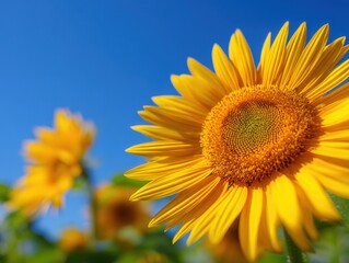 Obraz premium Vibrant Sunflower Blossom Against a Clear Blue Sky, Symbolizing Summer, Joy, and Natural Beauty
