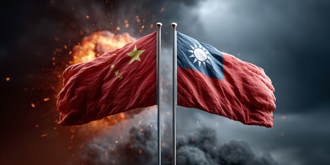 China and Taiwan flags face each other amid explosion, tense geopolitical standoff