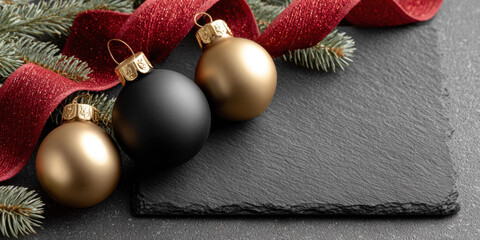 Naklejka premium Black and gold Christmas baubles with red ribbon on slate background and evergreen
