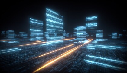 Futuristic Cityscape with Neon Glow and Data Streams, Abstract Digital Urban Environment, Technology Concept