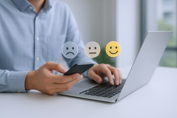 Customer Feedback Survey on Laptop with Person Selecting Smiley Face, representing satisfaction level