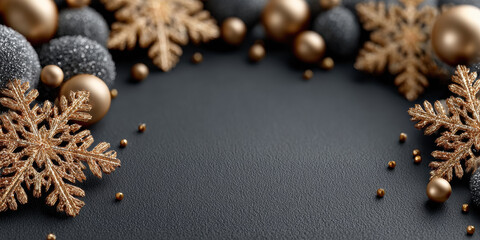 Close-up gold snowflakes and baubles on black background with copy space