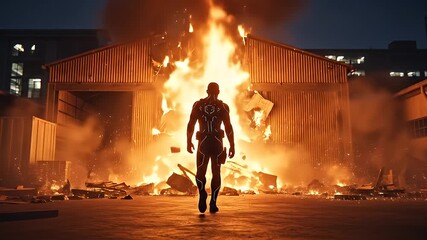 A heroic figure walking away from a massive fiery explosion at an industrial warehouse at night