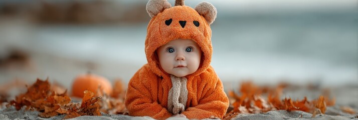Cute baby in orange lion hooded coat surrounded by autumn leaves on sandy beach during a chilly day