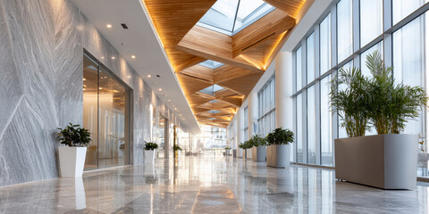 Modern office lobby corridor with marble floor, skylights, and indoor plants