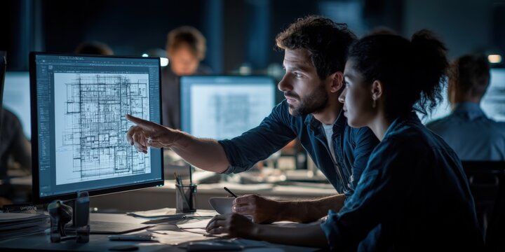 Engineers collaborating on project, working late in office, looking at monitor, pointing at plan