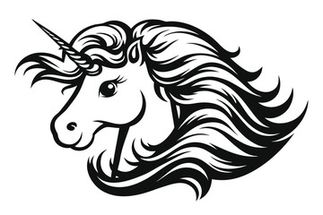 Black Unicorn Head with Mane and Horn, on White Background