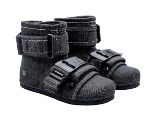 Stylish black denim children's boots for comfort and durability view isolated on transparent background, png