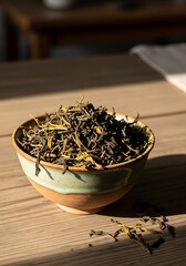 Fototapeta premium Ceramic bowl filled with loose leaf tea illuminated by soft sunlight